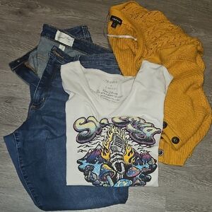 Torrid White Graphic Tee and Mustard Cardigan..universal Thread Jeans.MAKE OFFER